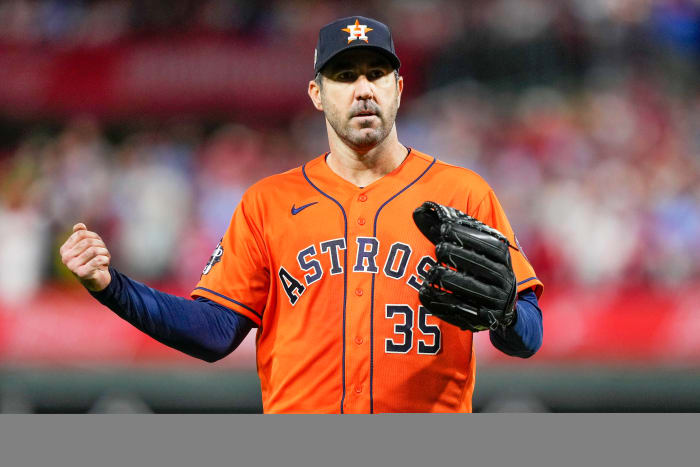 Astros ace Justin Verlander celebrates the last out in the fifth inning in Game 5 of the 2022 World Series.